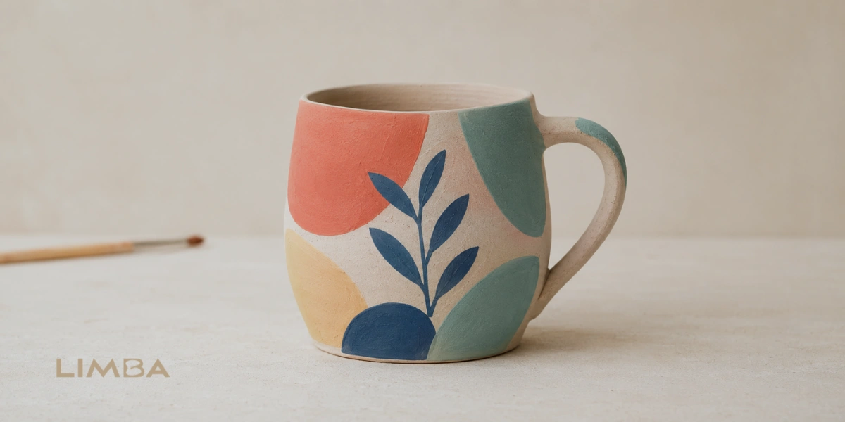 Painted ceramic mug before glazing and firing